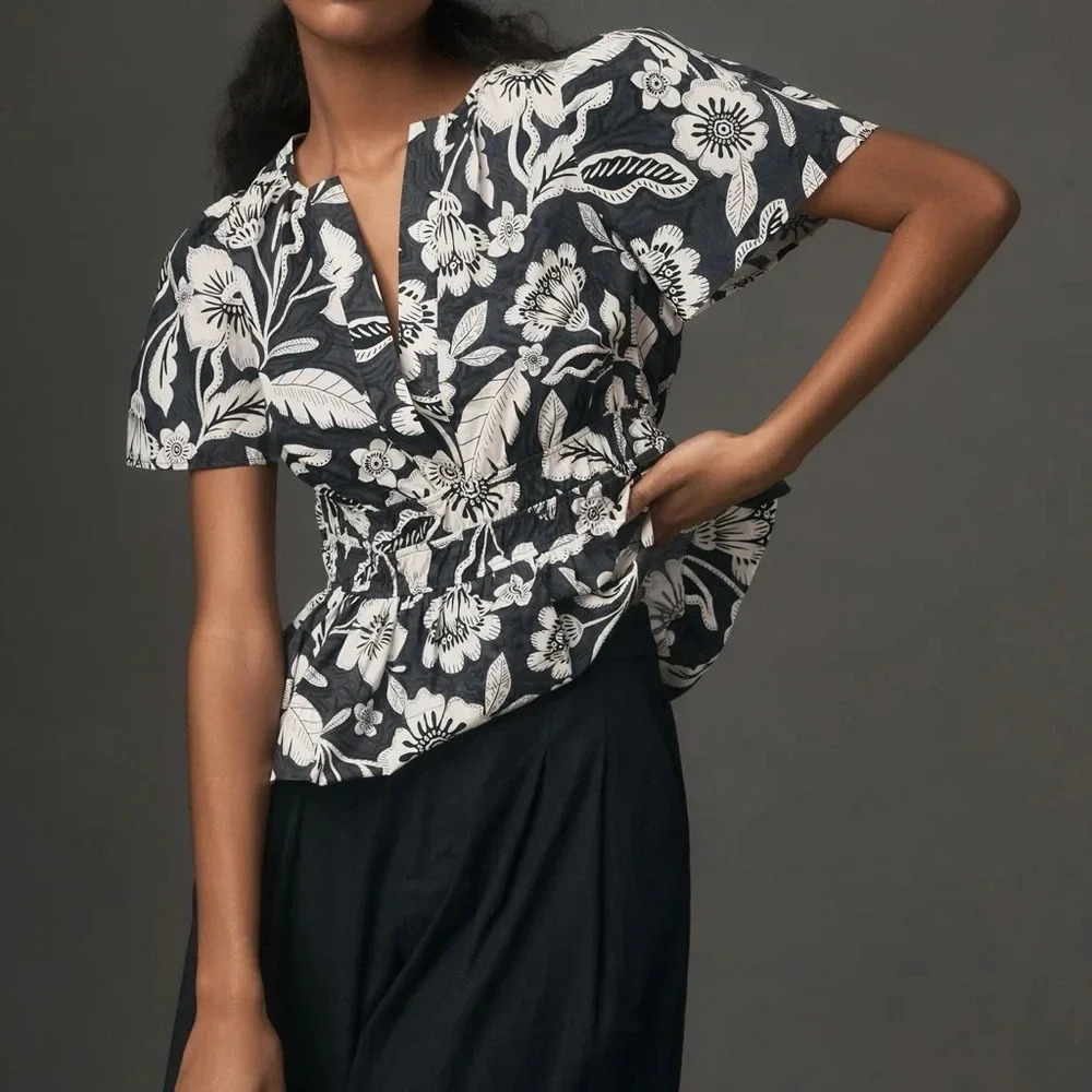 Anthropologie The Somerset Blouse Black & White Floral V-Neck Puff Sleeve Peplum - Picture 10 of 11